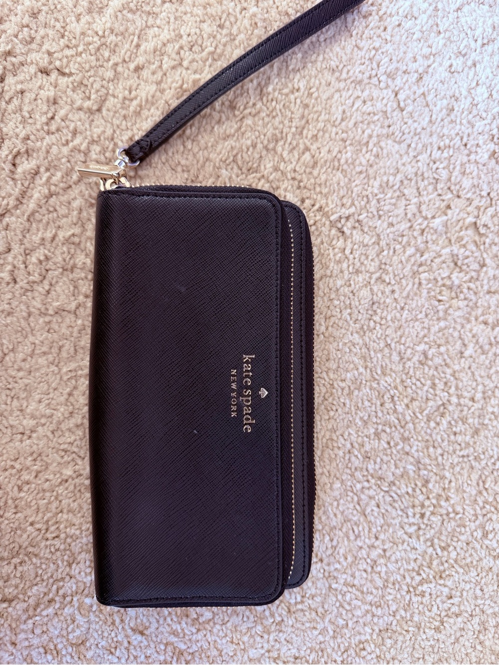 kate spade black zip wristlet wallet with gold logo